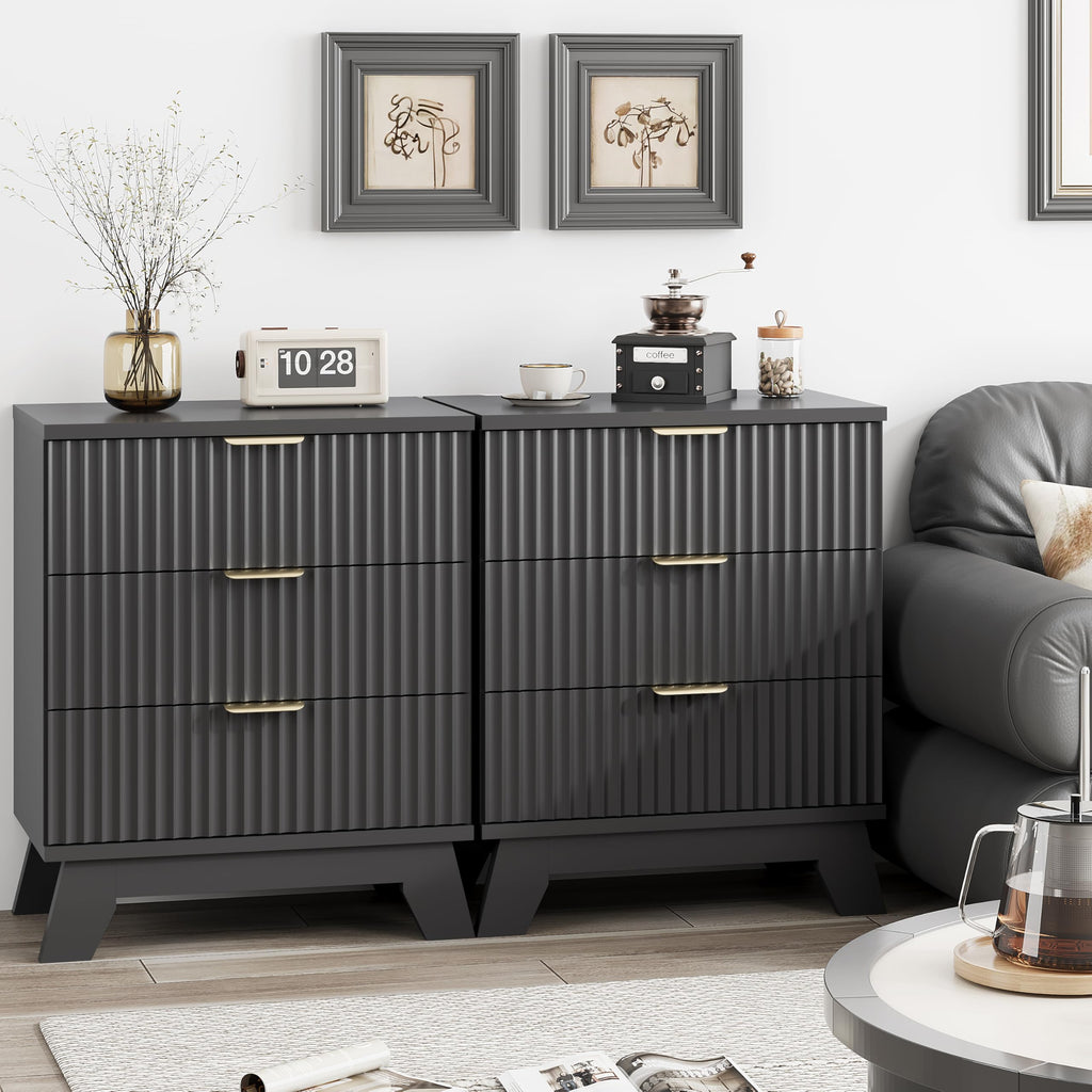 Black 3 Drawer Fluted Nightstand S354309