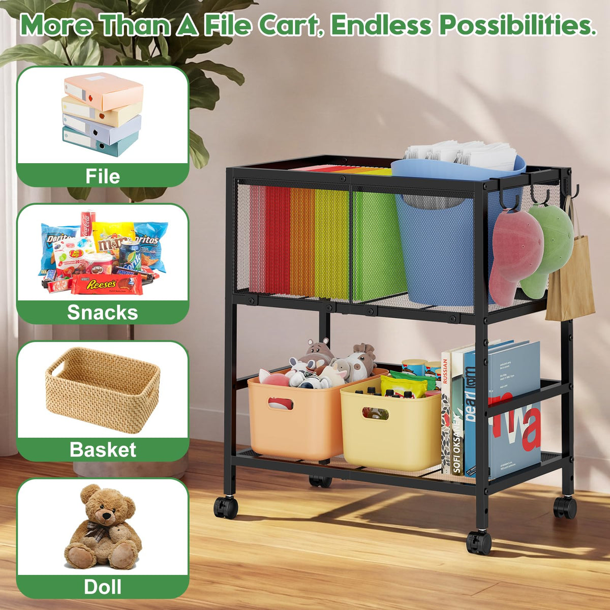 Black 2-Tier Rolling Metal File Cart with Storage Shelf M585799