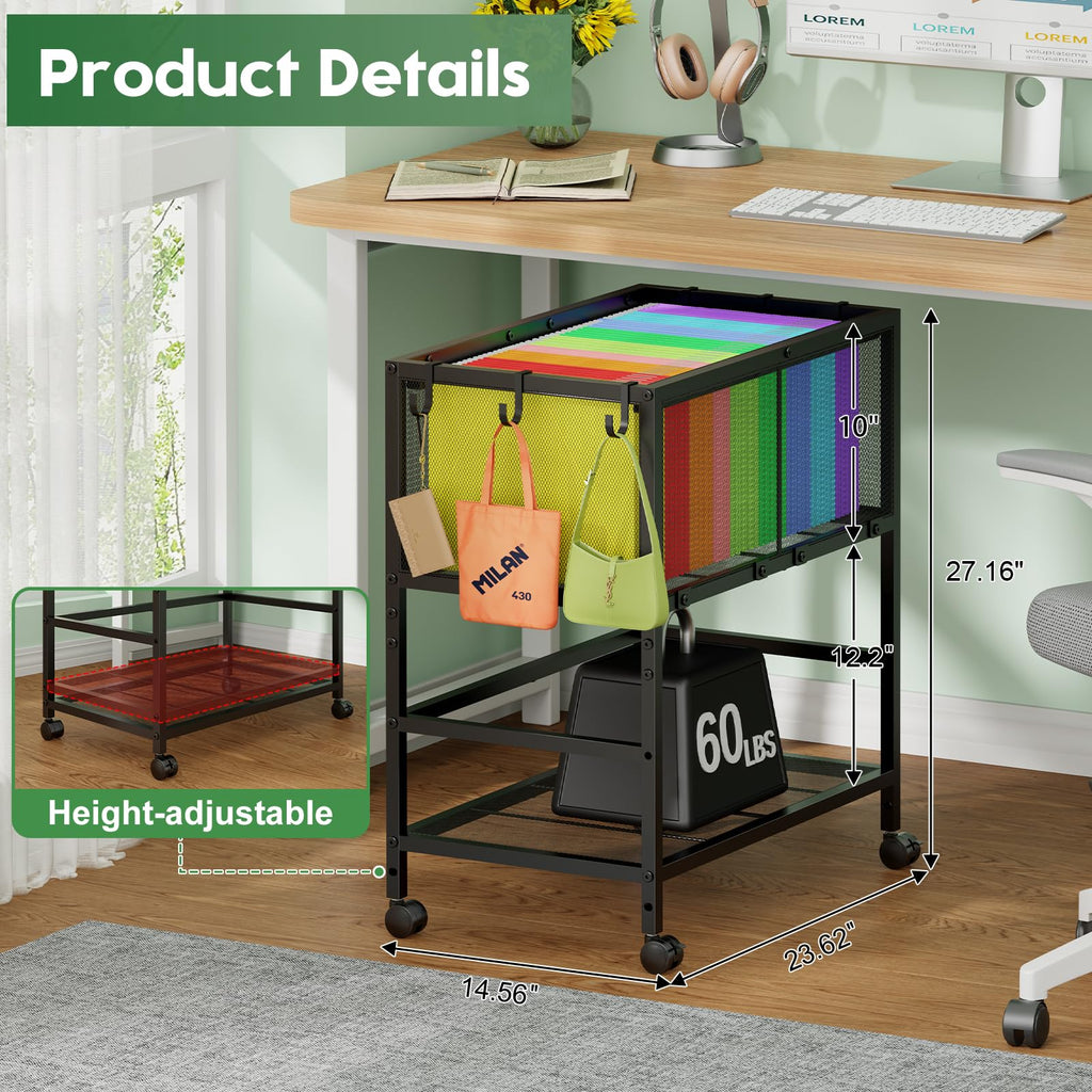Black 2-Tier Rolling Metal File Cart with Storage Shelf M585799