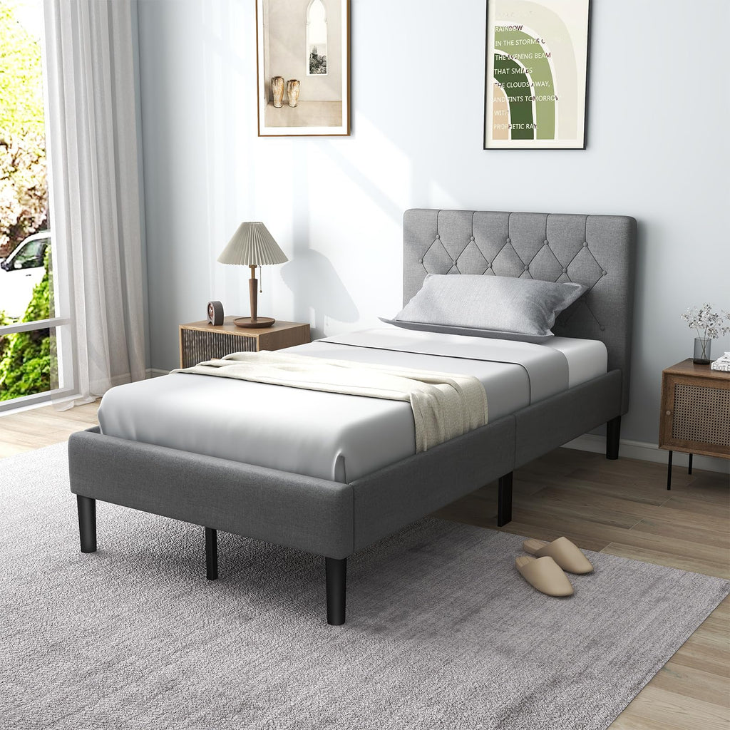 Grey Twin Upholstered Platform Bed with Headboard S181