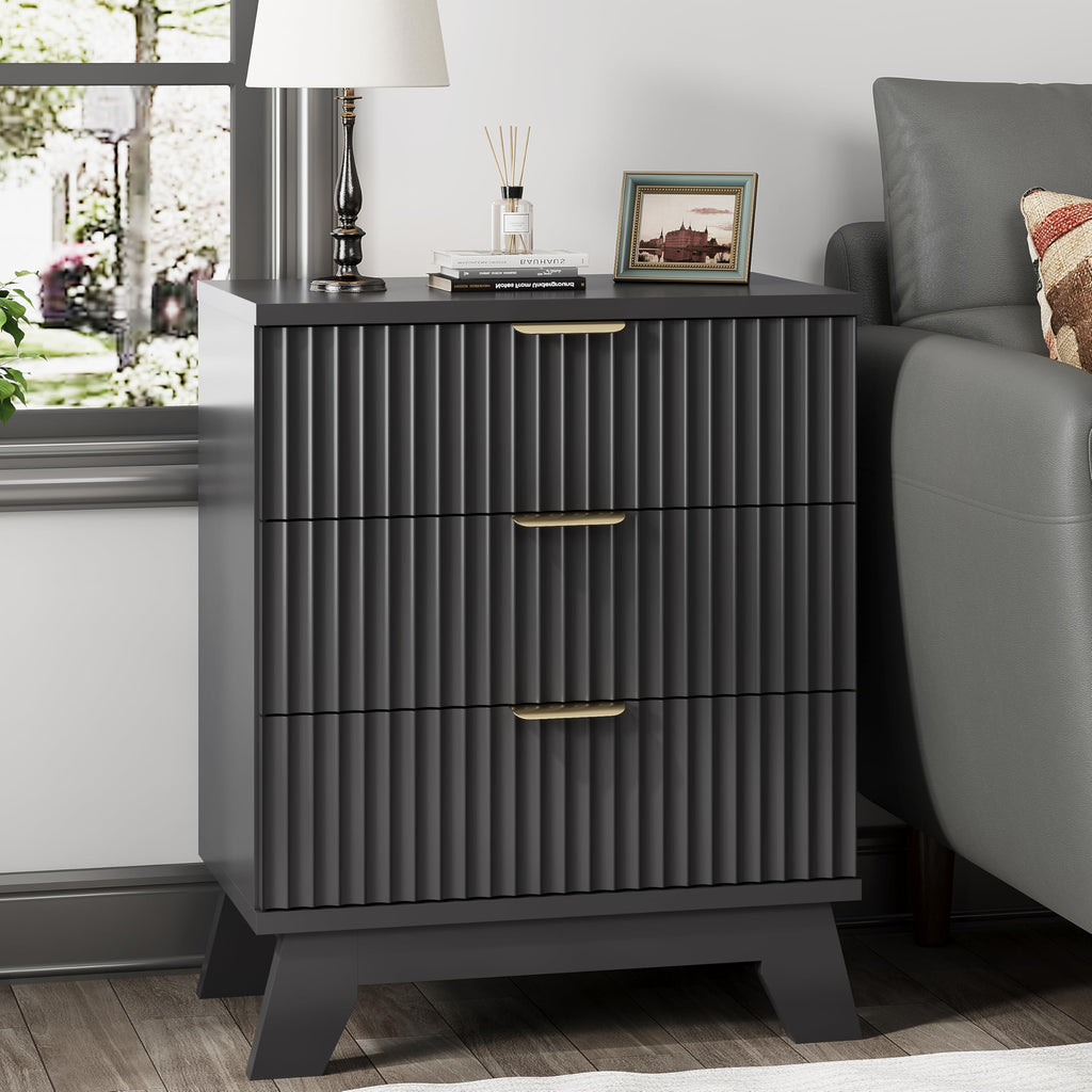 Black 3 Drawer Fluted Nightstand S354309