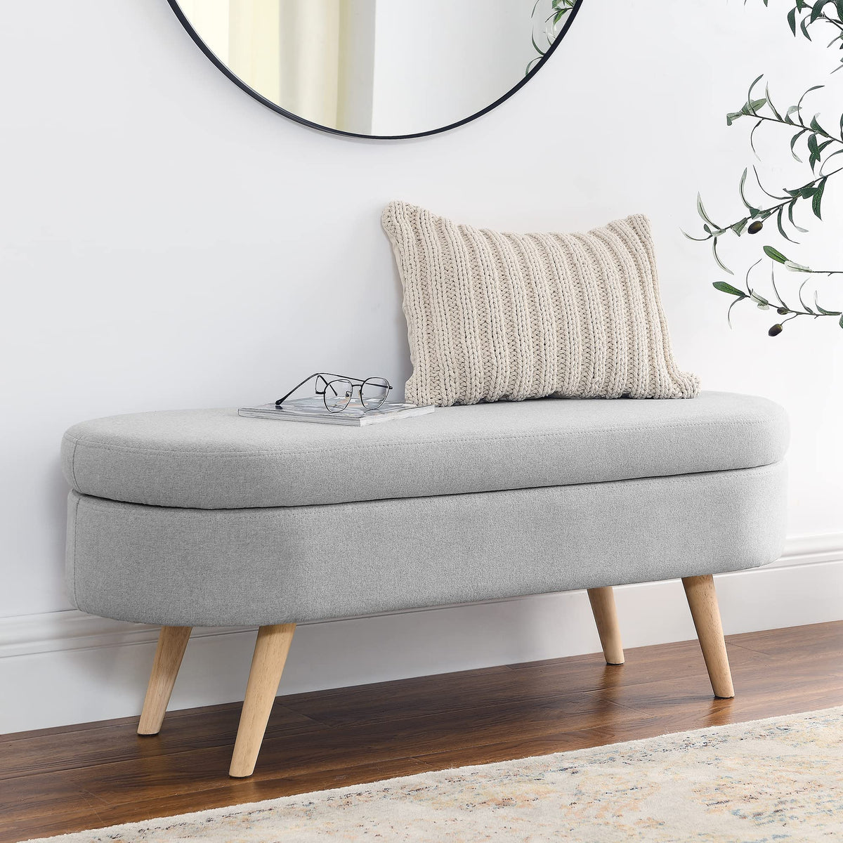 Grey Linen Oval Storage Ottoman Bench Z4914