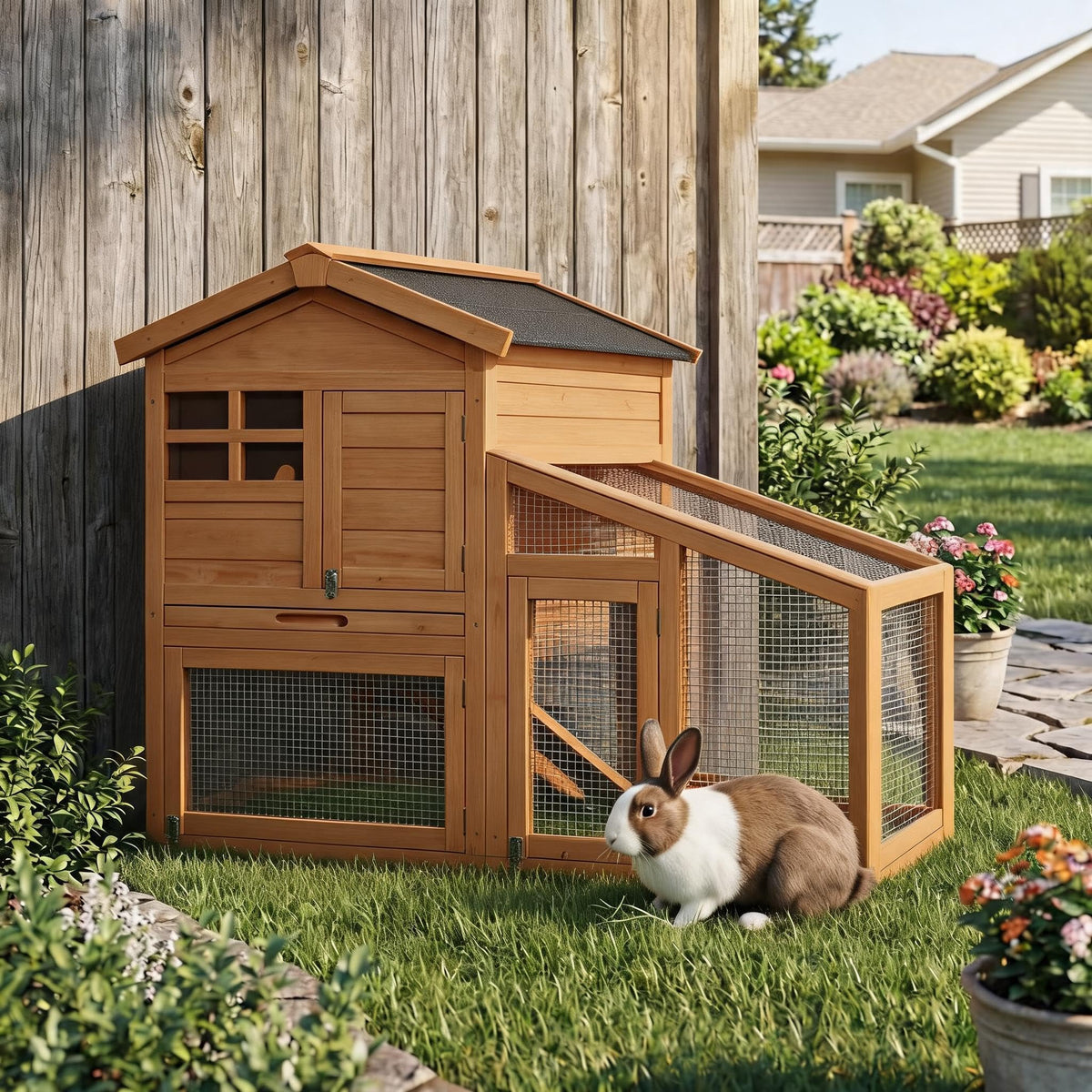 2-Story Wooden Rabbit Hutch with Run S2040