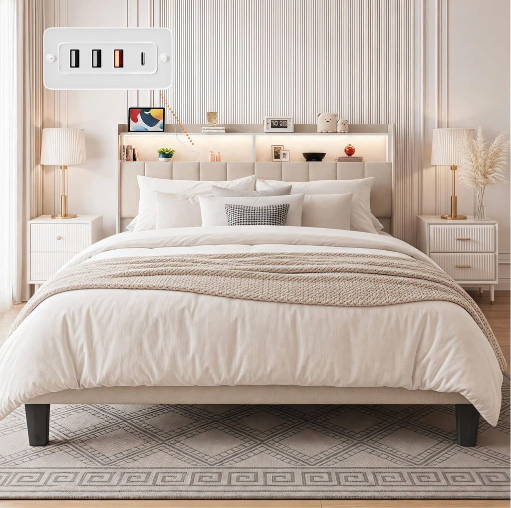 Beige Queen Size Upholstered Platform Bed Frame with Headboard O119166