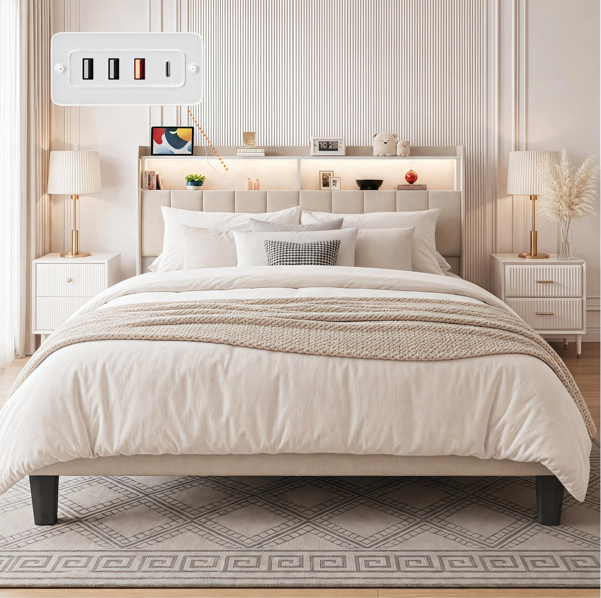 Beige Queen Size Upholstered Platform Bed Frame with Headboard O119166