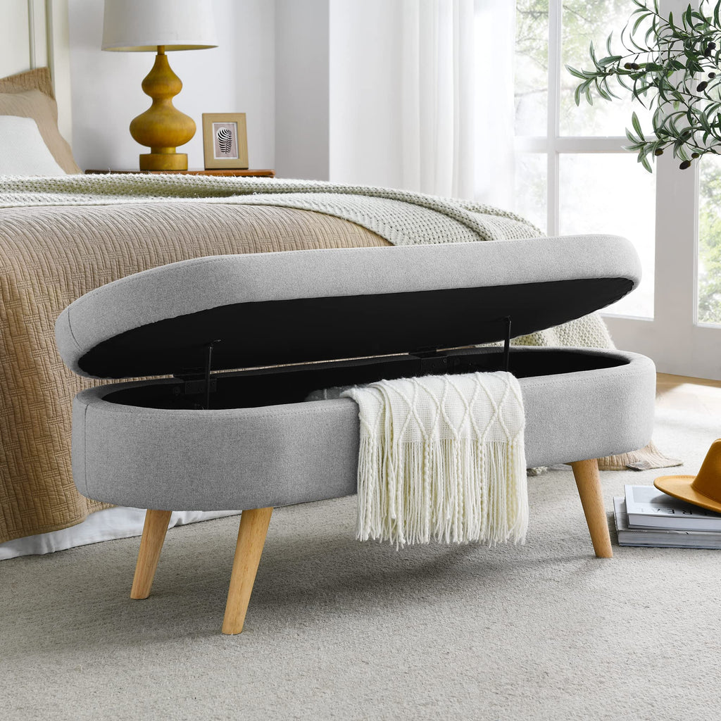 Grey Linen Oval Storage Ottoman Bench Z4914