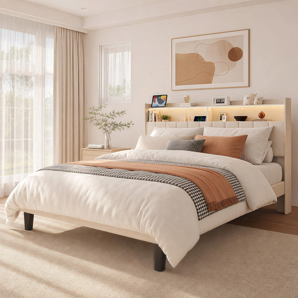 Beige Queen Size Upholstered Platform Bed Frame with Headboard O119166