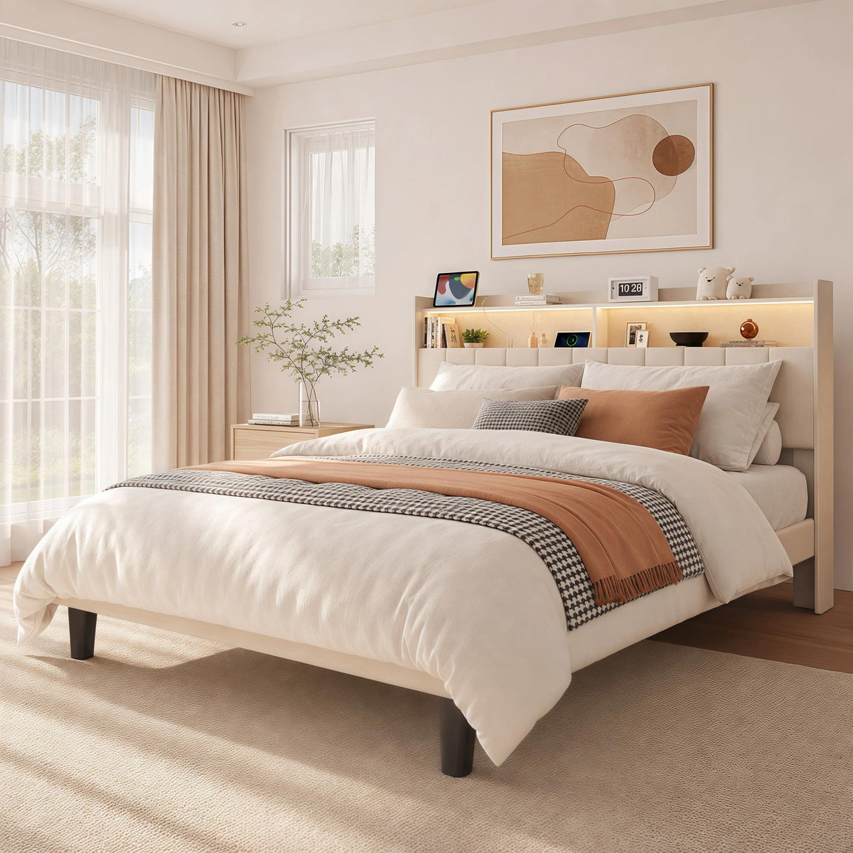 Beige Queen Size Upholstered Platform Bed Frame with Headboard O119166