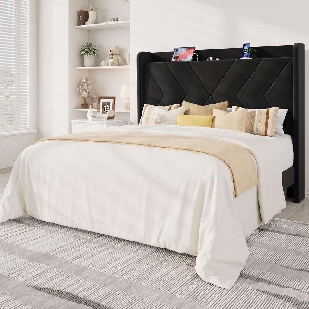 Queen Size Black Velvet Bed Frame with Charging and Shelf Z901697