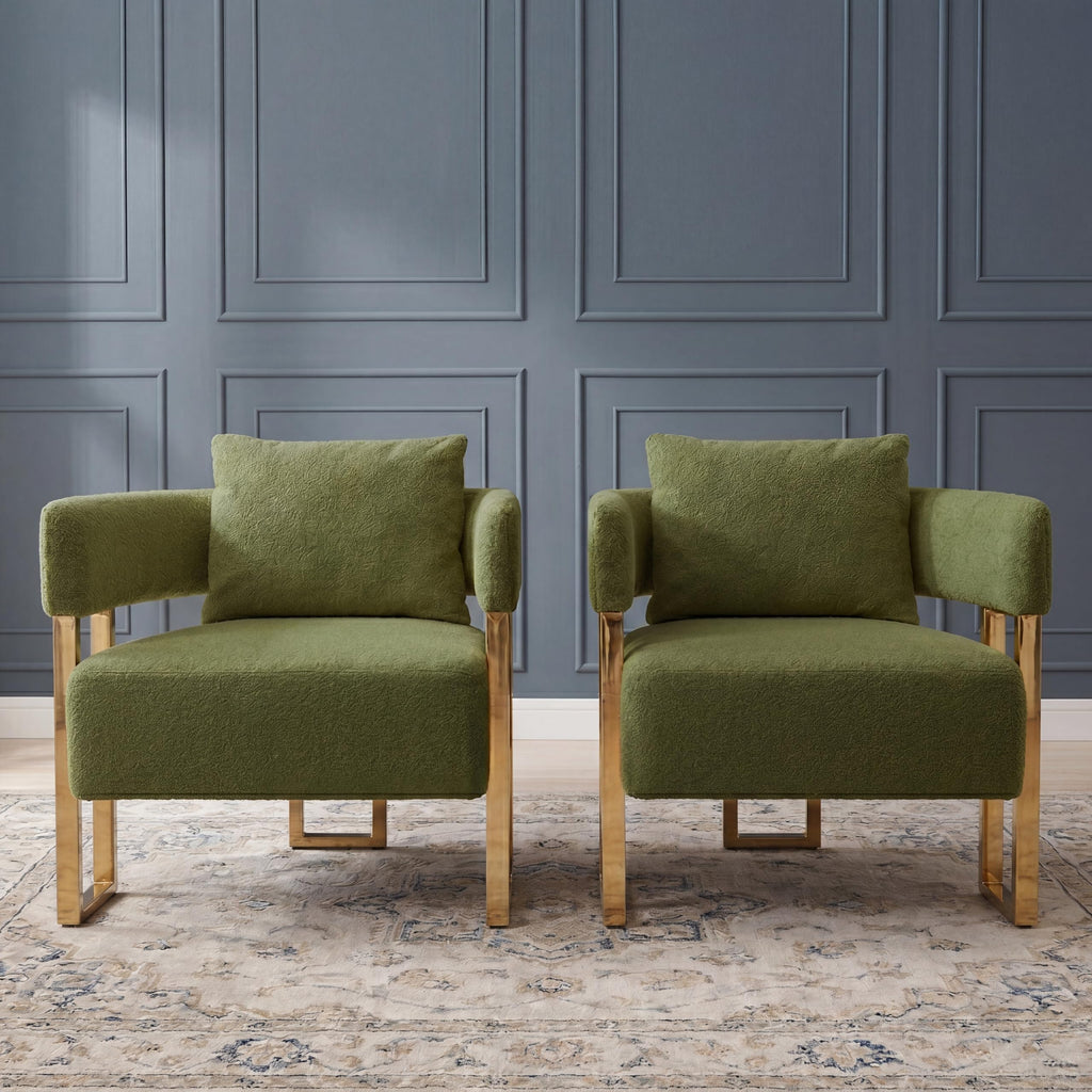 Green Teddy Upholstered Arm Chairs Set of 2 with Metal Legs R455024