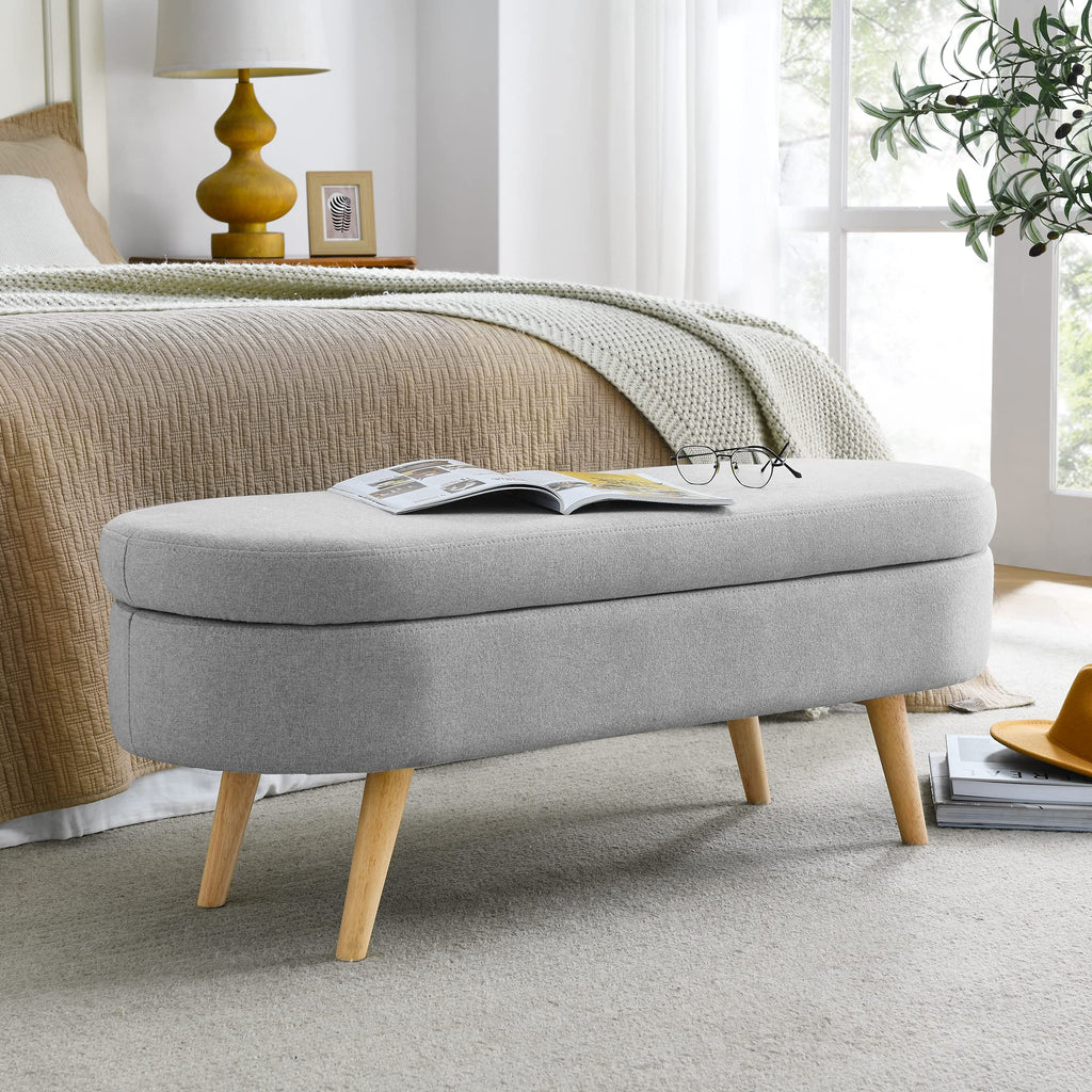 Grey Linen Oval Storage Ottoman Bench Z4914