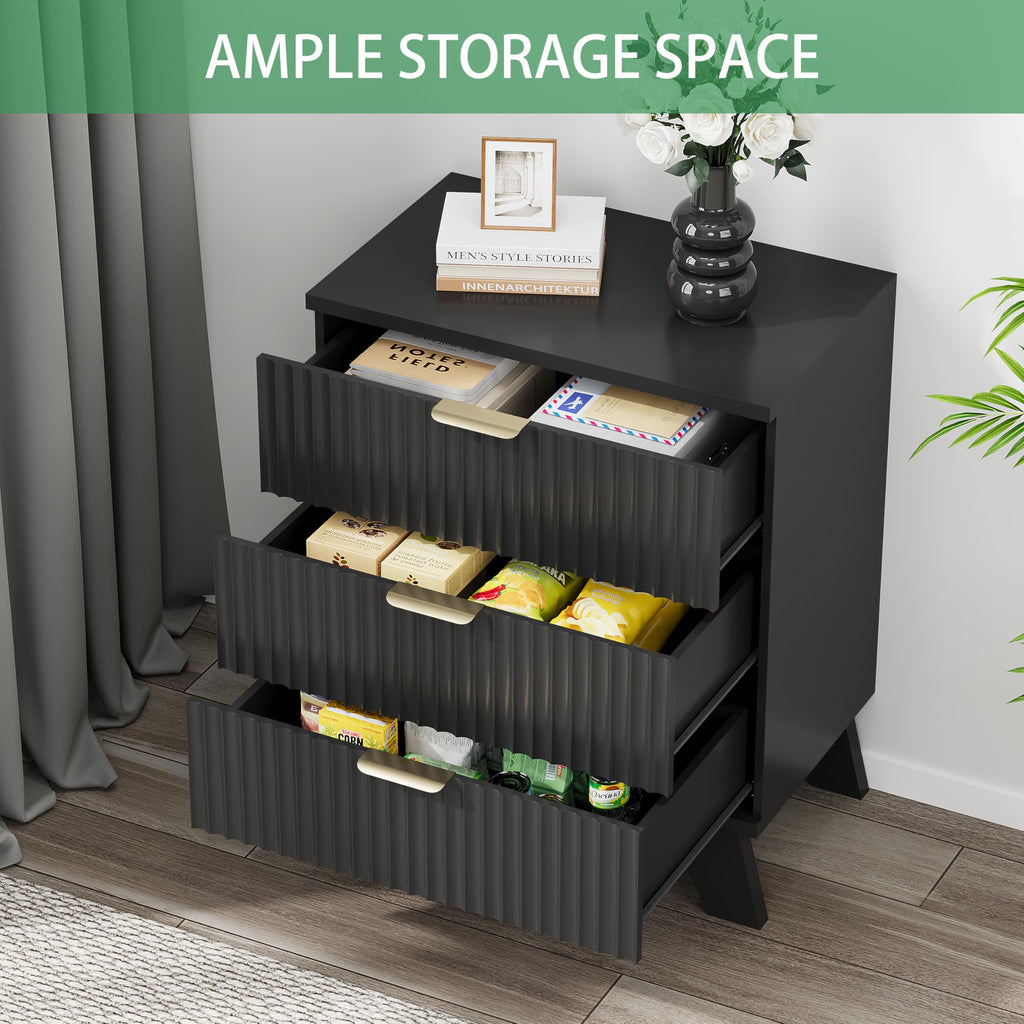Black 3 Drawer Fluted Nightstand S354309