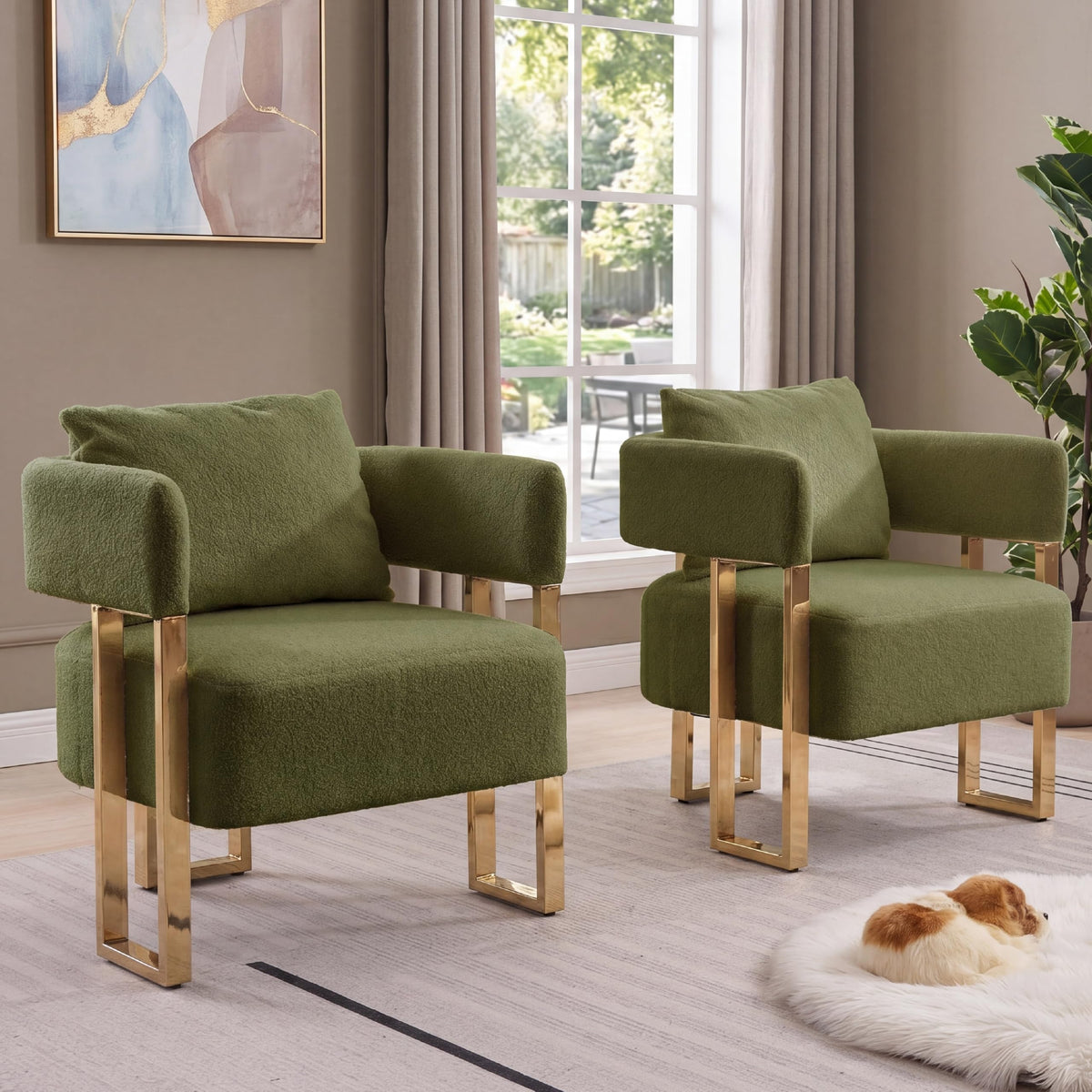 Green Teddy Upholstered Arm Chairs Set of 2 with Metal Legs R455024