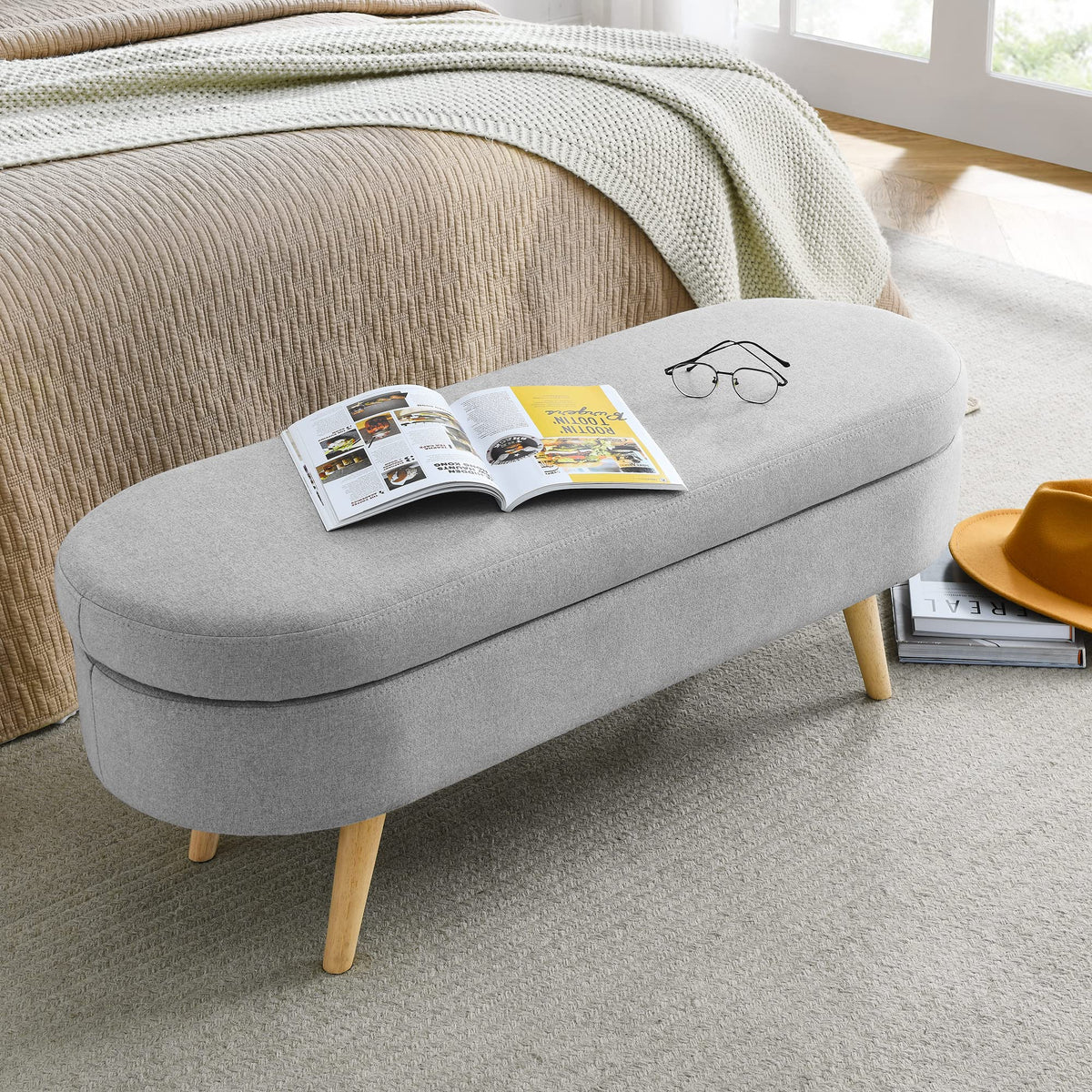 Grey Linen Oval Storage Ottoman Bench Z4914