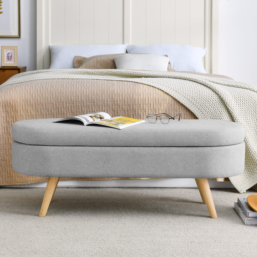 Grey Linen Oval Storage Ottoman Bench Z4914